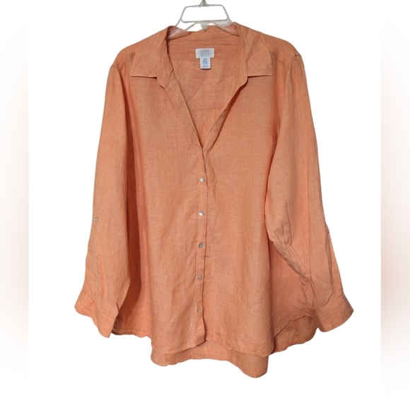 Sigrid Olsen Orange 100% Linen Roll Tab Sleeve Relaxed Button Down Shirt Size 2X - Picture 7 of 7